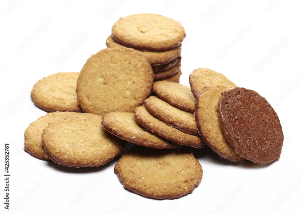 Oat cookies with milk chocolate isolated on white background Oat cookies with milk chocolate isolated on white background