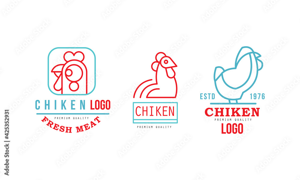 Fototapeta premium Fresh Chicken Meat Logo Design Templates Set, Organic Poultry Breeding Badges Cartoon Vector Illustration