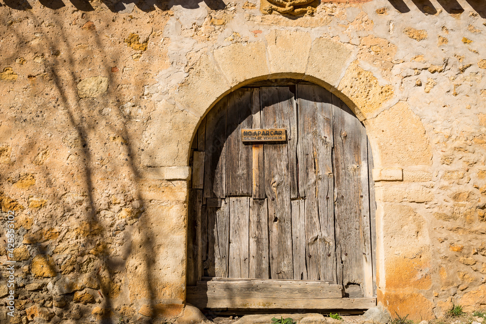 an ancient wooden door on a stone wall of an antique building