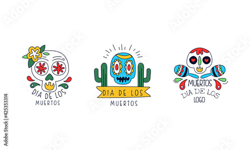 Dia de Los Muertos Logo Set, Traditional Festival Badges, Mexican Day of Dead Colorful Hand Drawn Labels Vector Illustration