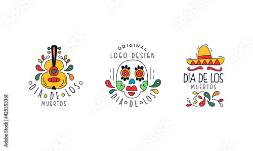 Set of Dia de Los Muertos Original Logo Design, Traditional National Festival Badges, Mexican Day of Dead Colorful Hand Drawn Labels Vector Illustration