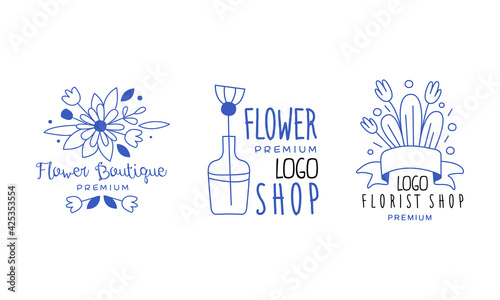 Flower Shop Premium Logo Design Set, Organic Shop, Floral Designer Blue Hand Drawn Badges Vector Illustration