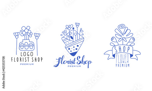 Florist Shop Premium Logo Design Set, Flower Boutique, Floral Designer Studio Blue Hand Drawn Badges Vector Illustration
