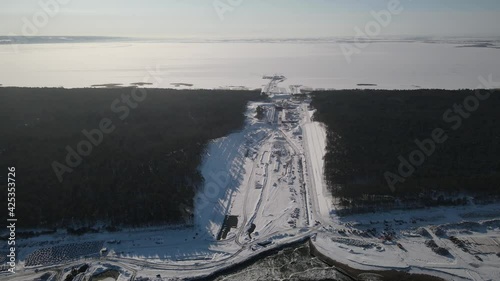 Canal construction disrupting shore marine life Vistula Poland aerial photo