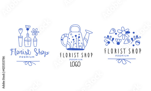 Set of Flower Shop Premium Logo, Florist Boutique, Floral Designer Studio Hand Drawn Badges Vector Illustration
