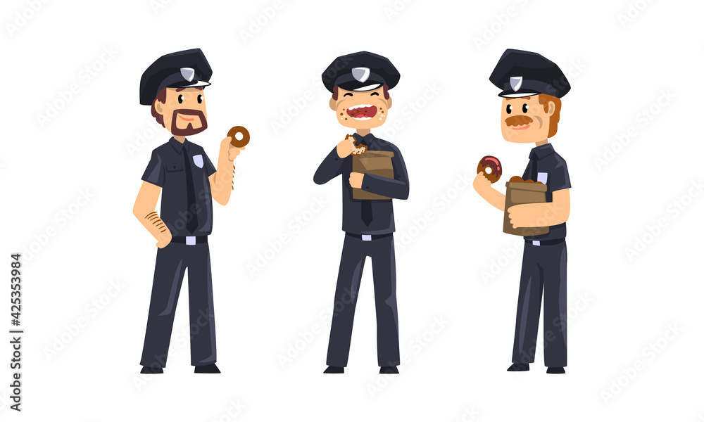 Male Police Officers Eating Donuts Set, Policemen in Blue Uniform Having Lunch Vector Illustration