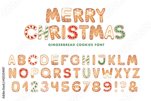 Christmas gingerbread cookies alphabet. Biscuit letters for xmas messages and design. Vector figures with sugar decorations.