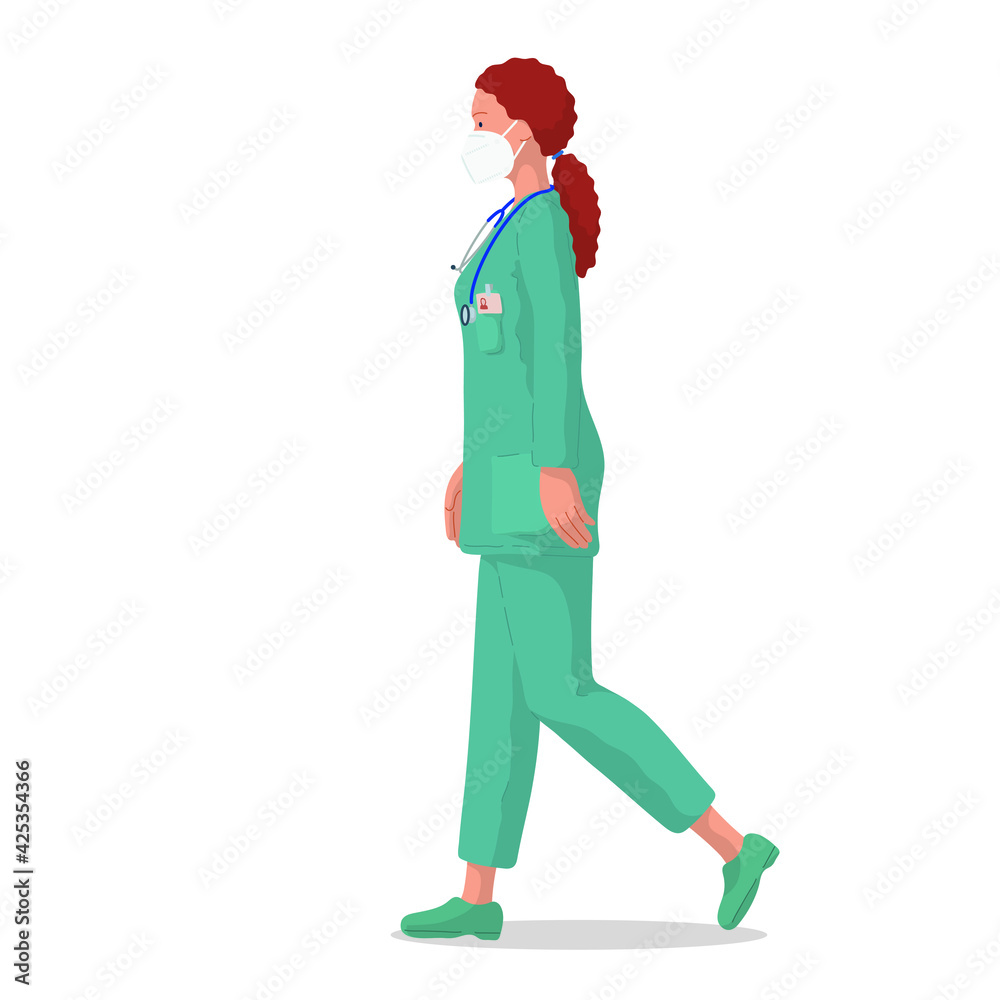 Vector illustration of a female doctor with protective mask. Professional doctor. Hospital worker.