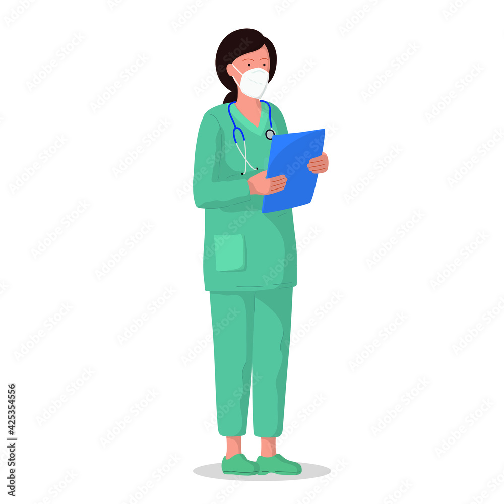 Vector illustration of a female doctor with protective mask. Professional doctor. Hospital worker. Vector illustration of a female doctor with protective mask. Professional doctor. Hospital worker.