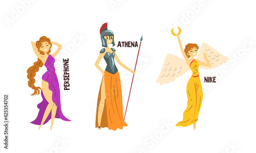 Persephone, Athena, Nike Olympian Greek Gods Set, Ancient Greece Mythology Vector Illustration photo
