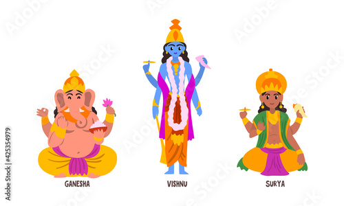 Statues of Indian Gods Set, Ganesha, Vishnu, Suria Hinduism Godheads Vector Illustration