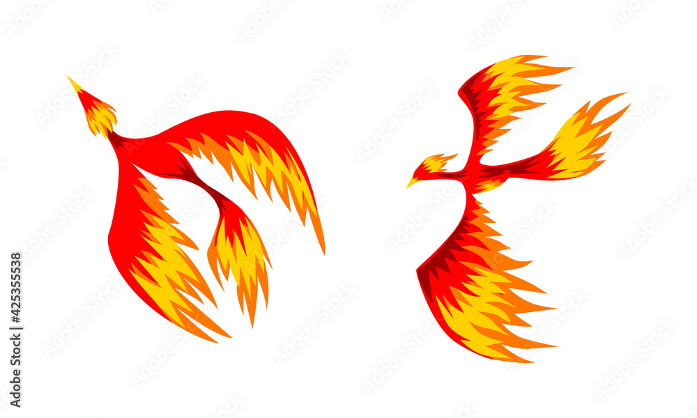 Obraz premium Set of Phoenix Firebirds, Mythical Fairy Tale Bird Vector Illustration on White Background