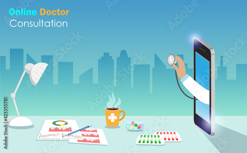 Virtual online doctor. Doctor hand in smartphone diagnosis and give medicine pills to patient at working desk.  Idea for innovation technology in medical and healthcare business. 