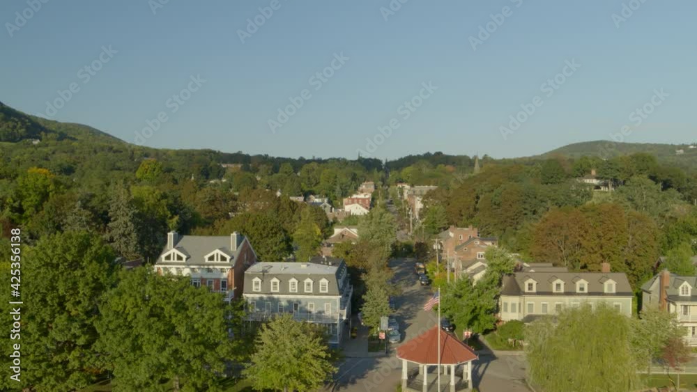 Aerial of houses and green trees on coast of Hudson river