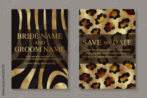 Modern abstract luxury wedding invitation design or card templates for birthday greeting or certificate or cover with zebra's stripes and leopard stains on a golden texture.
