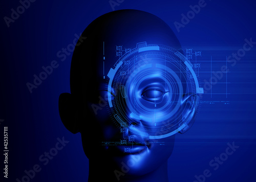 3d illustration rendering, ai robot head bionic face with data internet network, deep learning system technology machine
