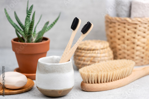 Bath and Spa accessories  zero waste concept. Bamboo Charcoal toothbrush  vegan soap  eco friendly Bath tools
