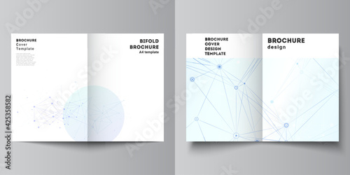 Vector layout of two A4 format cover mockups templates for bifold brochure, flyer, magazine, cover design, book design, brochure cover. Blue medical background with connecting lines and dots, plexus.