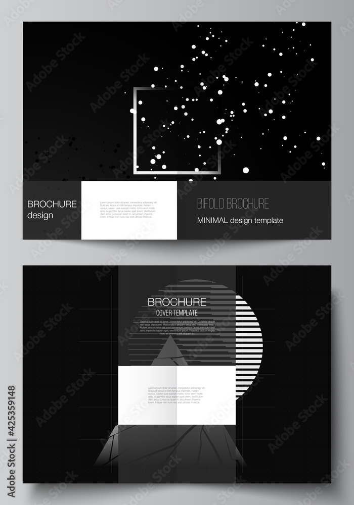 Fototapeta premium Vector layout of two A4 cover mockups design templates for bifold brochure, flyer, cover design, book design.Black color technology background. Digital visualization of science, medicine, tech concept