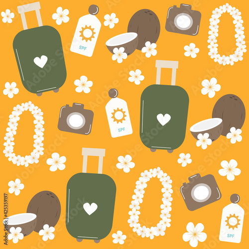 cute summer seamless vector pattern background illustration with hawaiian flowers necklace, coconuts, camera, travel bag and sunscreen 