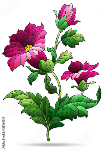 A stained glass illustration with a branch of abstract pink flowers isolated on a white background