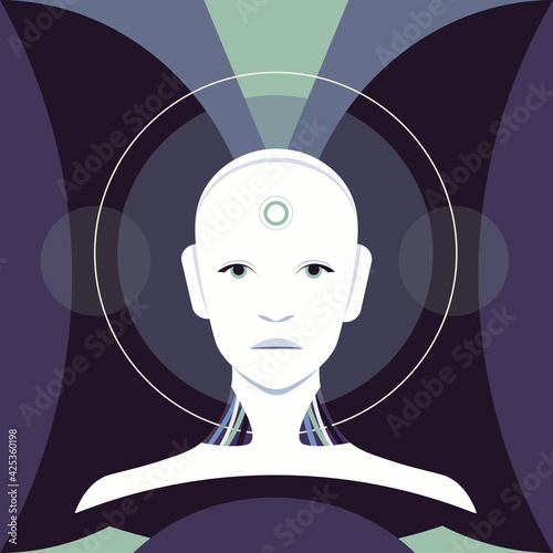 The portrait of humanoid robot. Artificial intelligent. The face of cyber woman. Futuristic. Vector flat illustration