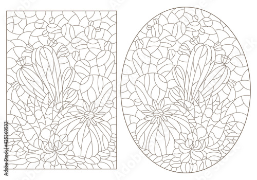 Set of contour illustrations in the style of stained glass with compositions of cacti, dark outlines on a white background
