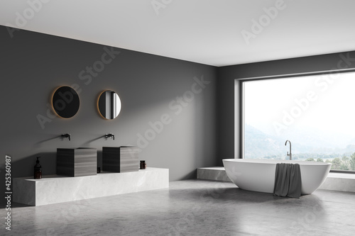 Grey bathroom interior with bathtub with sinks on concrete floor