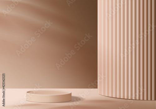 3d background products display podium scene with geometric platform. background vector 3d rendering with podium. stand to show cosmetic products. Stage showcase on pedestal display beige studio