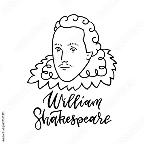William Shakespeare linear sketch portrait isolated on white background for prints, greeting cards. English famous great writer. Vector hand drawn illustration with lettering text.