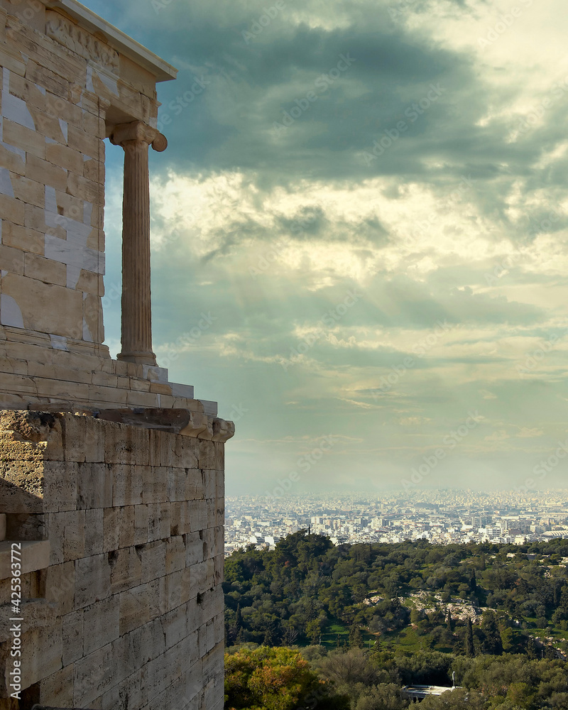 Greece, Athena Nike (Victory) ancient temple on Acropolis hill and Athens panoramic view