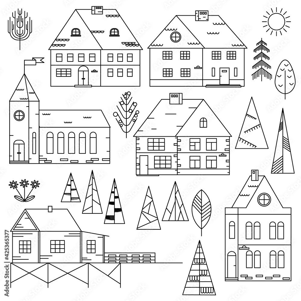 Set of residential buildings, trees. Contour isolated image, simple style, Scandinavian. Vector