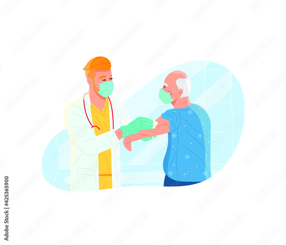 Vector illustration in cartoon flat style. Vaccination of the elderly. A doctor makes an injection to an elderly man. People vaccination. Boost immunity, health care Vector illustration in cartoon flat style. Vaccination of the elderly. A doctor makes an injection to an elderly man. People vaccination. Boost immunity, health care