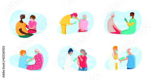 Doctor vaccinating patient in medical office or laboratory. Set of elder people of different race  gender receiving vaccine. Modern flat vector concept digital illustration.   ovid-19 mass vaccination 