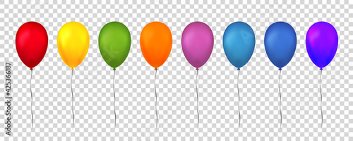 Balloons 3D bunch set, thread, isolated white transparent background. Color glossy flying baloon, ribbon, birthday celebrate, surprise. Helium ballon. Realistic design happy bday Vector illustration