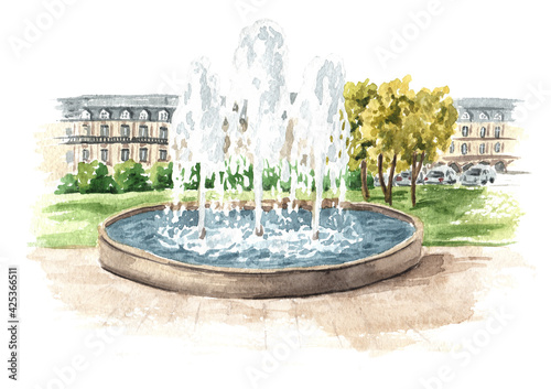 Slika na platnu Fountain in the city square or park, Watercolor hand drawn illustration isolated