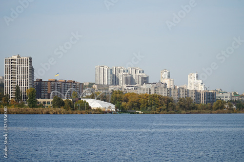 Beautiful white buildings skyscrapers on the banks of the Dnieper