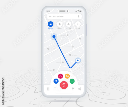 Map GPS navigation ux ui concept, Smartphone map application and destination pinpoint on screen, App search map navigate, Technology map, City navigation maps, City street, tracking, location, Vector