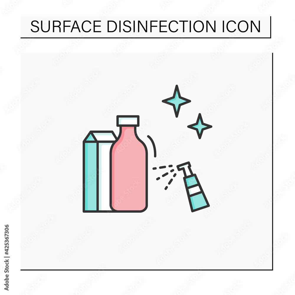 Wiping down grocery packages color icon. Purchases disinfecting. Safety shopping. Safety space and preventative measures. Preventing virus spread concept. Isolated vector illustration Wiping down grocery packages color icon. Purchases disinfecting. Safety shopping. Safety space and preventative measures. Preventing virus spread concept. Isolated vector illustration