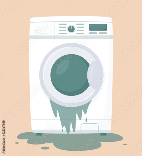 Broken washing machine with water on floor. Money back guarantee. Insurance policy. Compensation for specified loss. Household appliances. Lifetime warranty. Flood the neighbors. Vector illustration