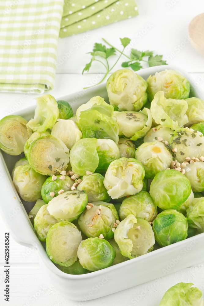 Brussels sprouts cooked with roasted buckwheat Brussels sprouts cooked with roasted buckwheat