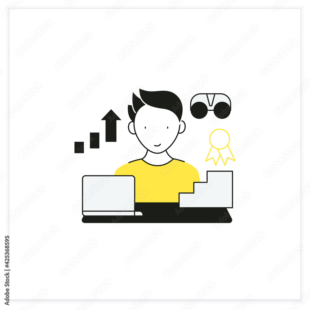 Workaholic flat icon.Improving career prospects. Increase productivity. Work done reward. Man at laptop.Overworking concept.Vector illustration
