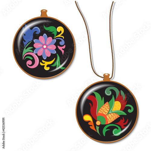 A badge, a medallion on a string with a folk plant ornament, can be used for packaging design, web pages, postcards, stickers. Vector