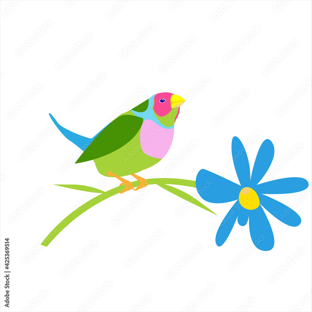 stock vector image on a white background. spring illustration with a bird and flowers. a bird sits on a blue flower. summer illustration in the flat style. image for postcards and printing.