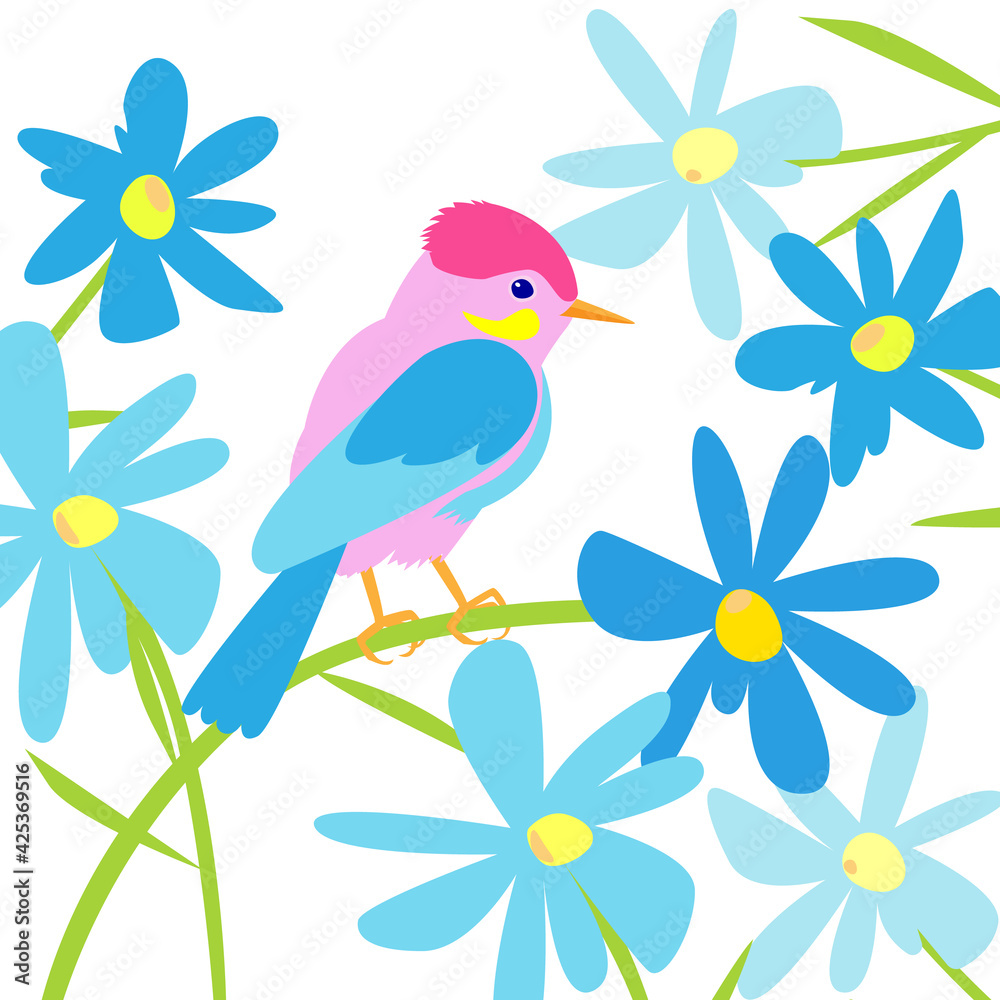 stock vector image on a white background. spring illustration with a bird in blue flowers. a bird sits on a flower. summer illustration in the flat style. image for postcards and printing.