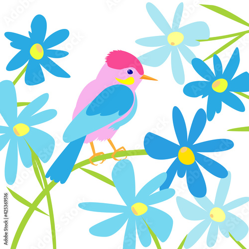 stock vector image on a white background. spring illustration with a bird in blue flowers. a bird sits on a flower. summer illustration in the flat style. image for postcards and printing.