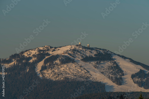 Velky Javor hill in winter sunrise morning in Germany
