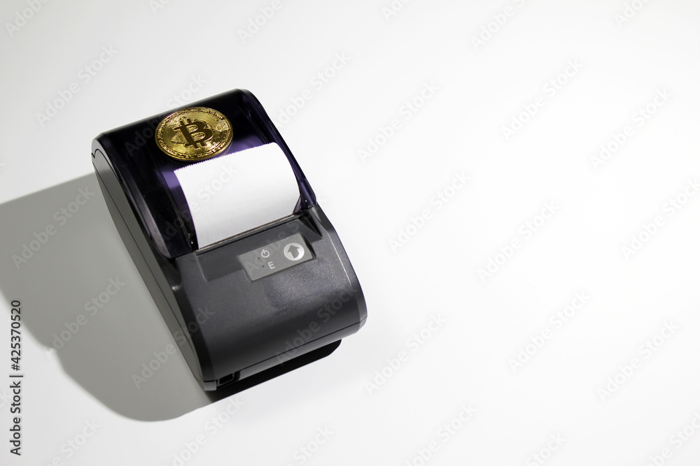 cash register with gold bitcoin coins isolated on white background. cash register and coins bitcoin concept. trade and finance. cash register with gold bitcoin coins isolated on white background. cash register and coins bitcoin concept. trade and finance.