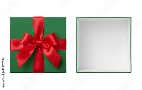 Open green gift box with lid cut out on white background, Christmas present top view