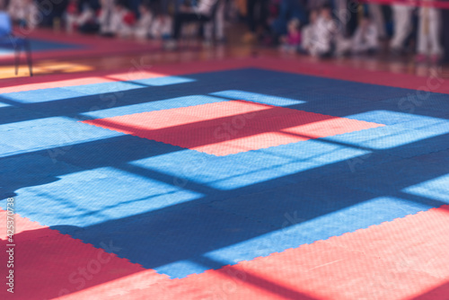 Sports background. Red-blue colors of traditional soft floor covering for karate, taekwono practice.